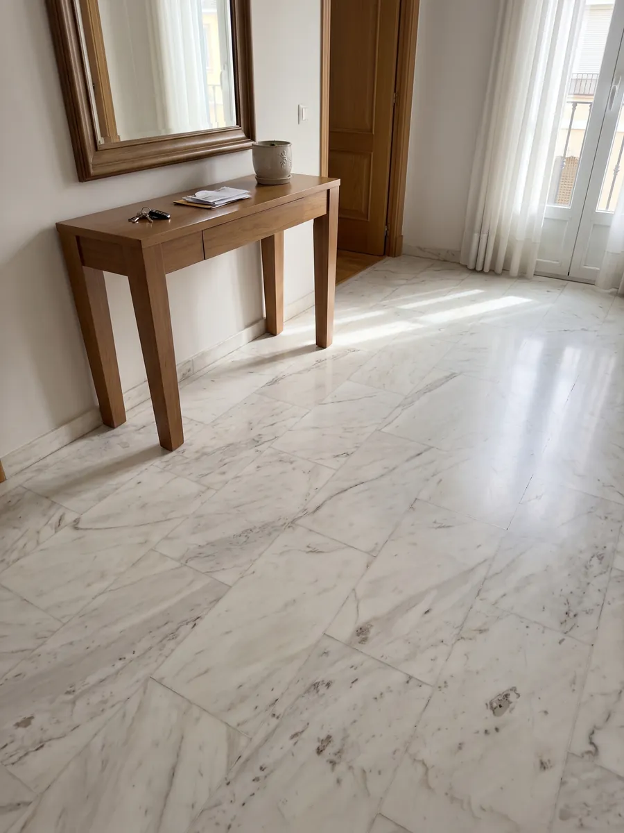 Entryway floor in large slabs of white Venus marble with natural light: a warm white with faint gray veins on the diagonal and small isolated beige patches
