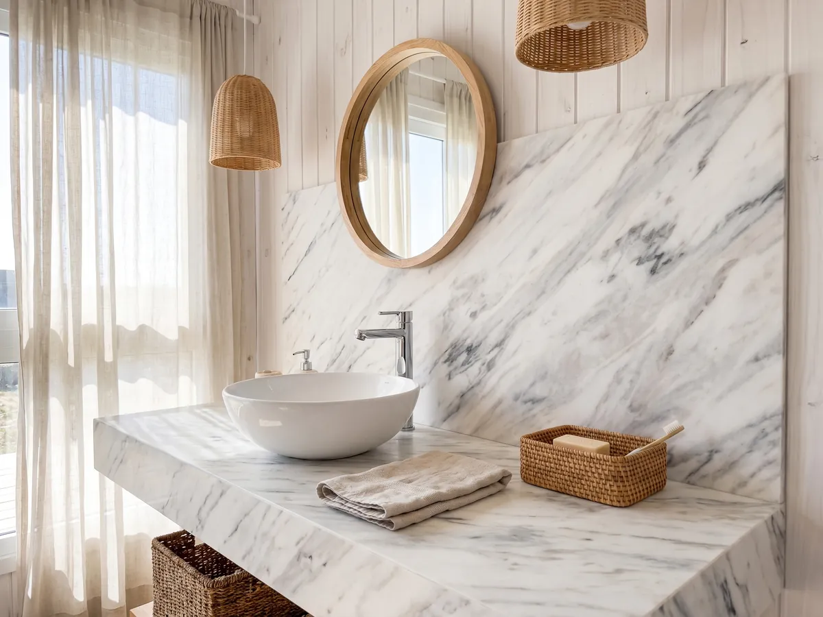 Bathroom vanity top and wall in white Volakas marble with a white sink and chrome faucets: white with diagonal gray veins of varying intensity