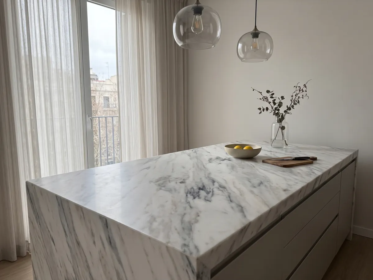 Kitchen island with a white Volakas marble countertop and a straight edge in a naturally lit kitchen: white with diagonal gray veins of varying intensity