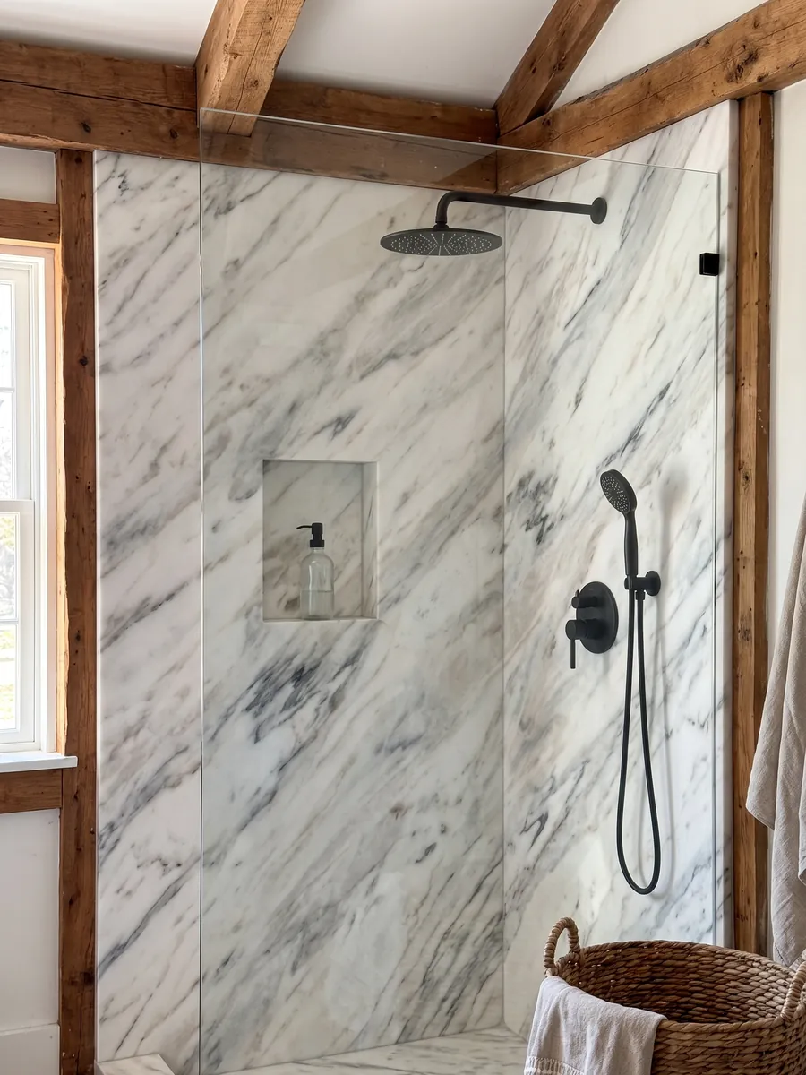Shower clad in full white Volakas marble slabs with a recessed niche: white with diagonal gray veins of varying intensity