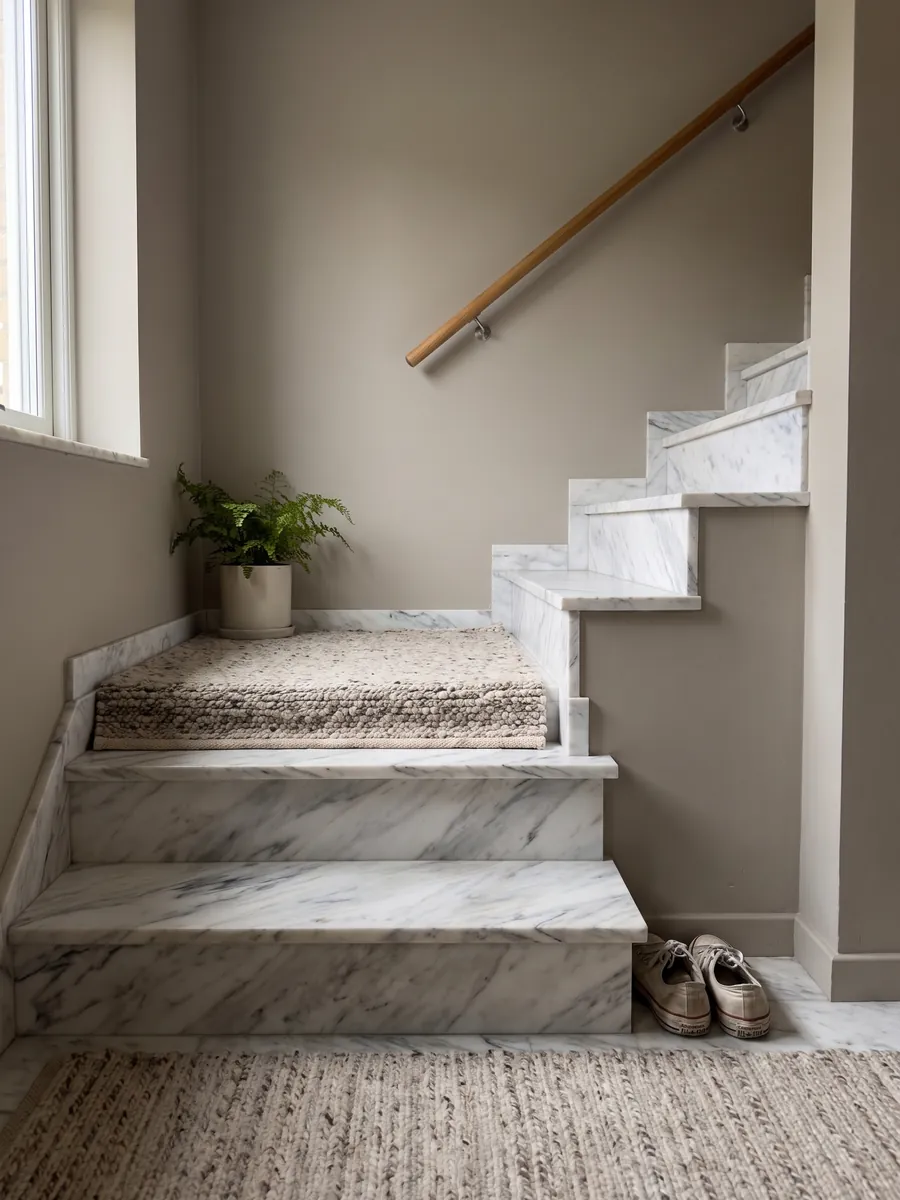 Interior staircase with white Volakas marble steps and a handrail: white with diagonal gray veins of varying intensity