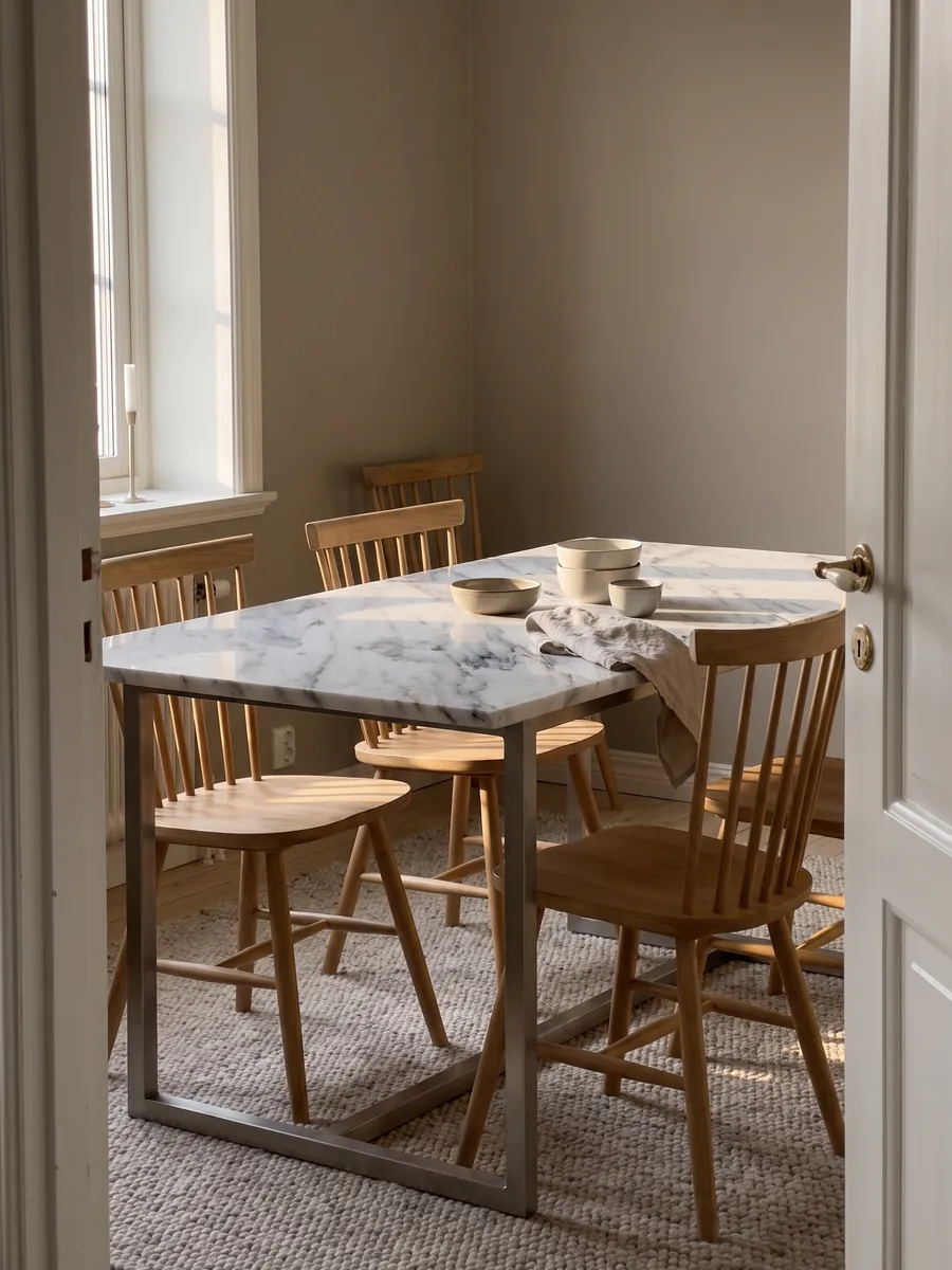 Dining table with a white Volakas marble top on a steel base: white with diagonal gray veins of varying intensity