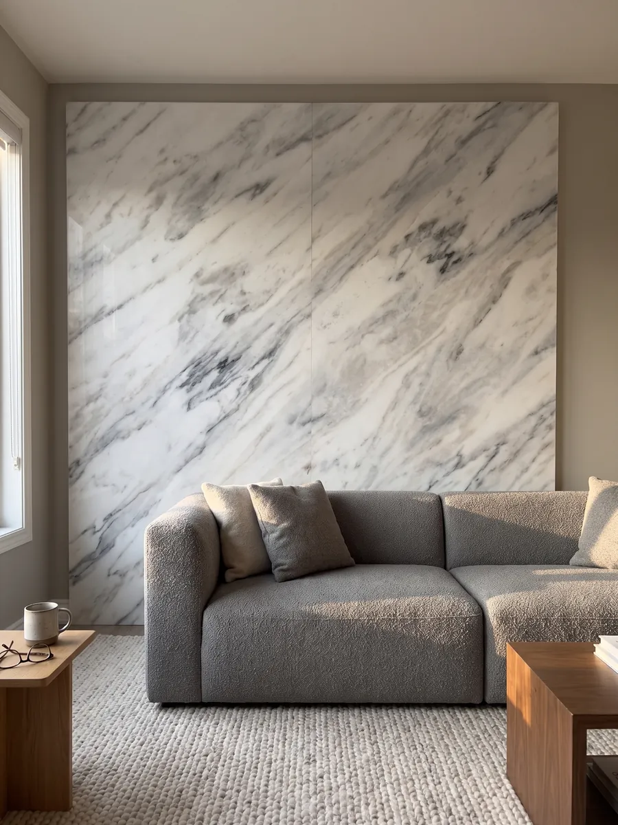 Living room wall clad in bookmatched white Volakas marble slabs behind a sofa: white with diagonal gray veins of varying intensity
