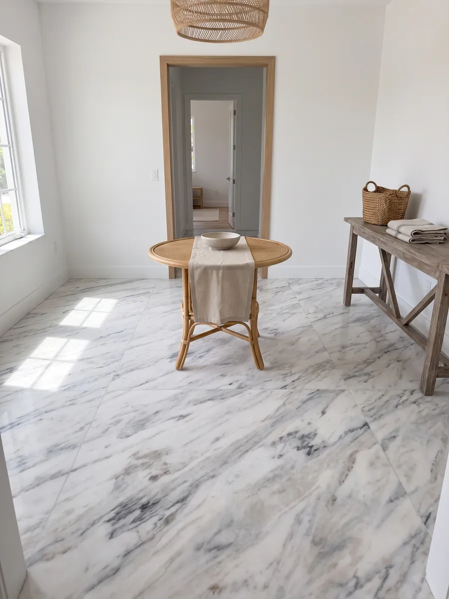 Entryway floor in large white Volakas marble slabs with natural light: white with diagonal gray veins of varying intensity