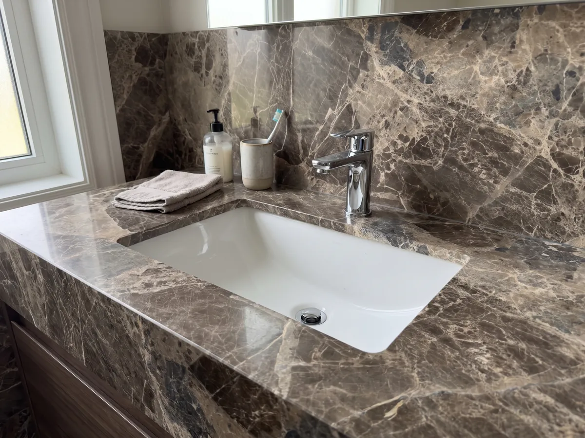 Vanity top and bathroom wall in brown Breccia Paradiso marble with a white sink and chrome faucets: large gray-brown fragments joined by a network of light beige veins