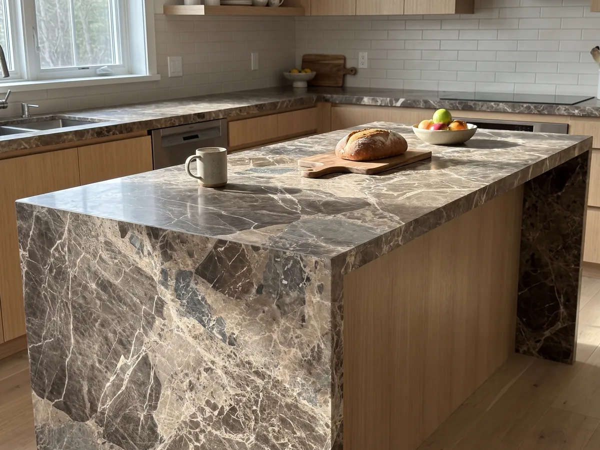 Kitchen island with a Breccia Paradiso brown marble countertop and a straight edge in a kitchen with natural light: large gray-brown fragments joined by a web of light beige veins