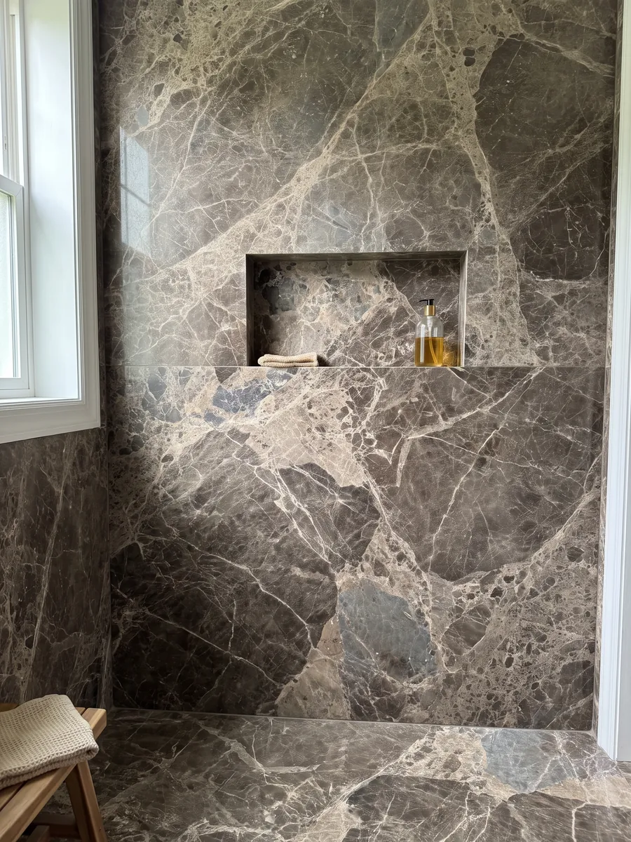 Shower clad in full slabs of brown Breccia Paradiso marble with a recessed niche: large gray-brown fragments joined by a network of light beige veins