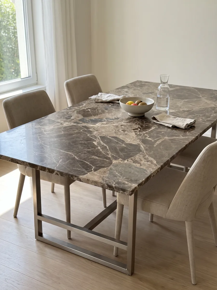 Dining table with a brown Breccia Paradiso marble top on a steel base: large gray-brown fragments joined by a network of light beige veins