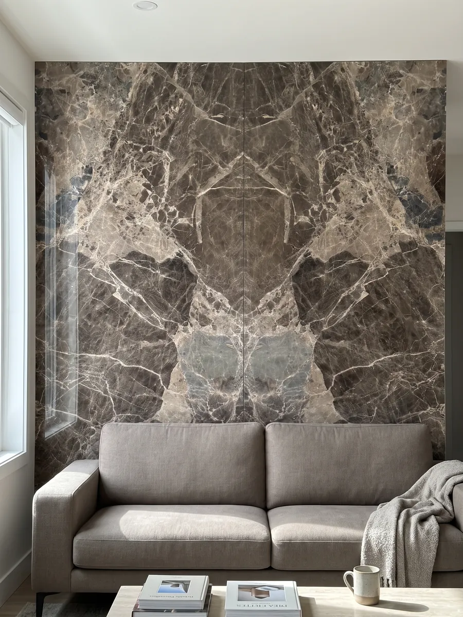 Living room wall clad in bookmatched slabs of brown Breccia Paradiso marble behind a sofa: large gray-brown fragments joined by a network of light beige veins