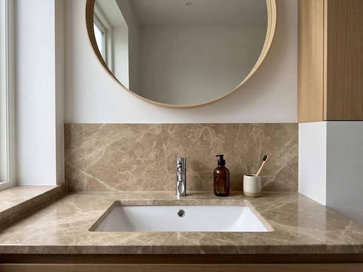 Bathroom vanity top and wall in Emperador Light marble with a white sink and chrome faucet: light brown with a fine web of cream veins