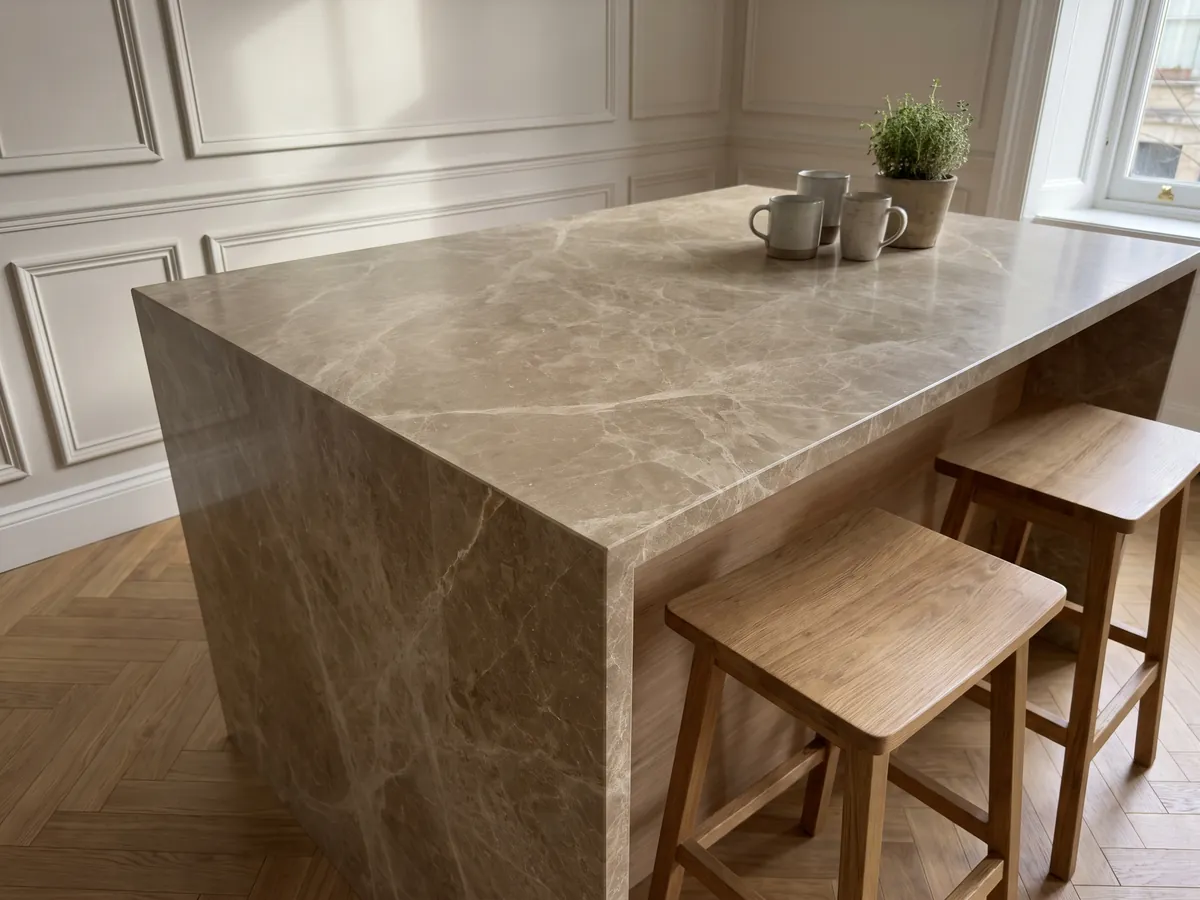 Kitchen island with a brown Emperador Light marble countertop and straight edge in a kitchen with natural light: light brown with a network of fine cream veins