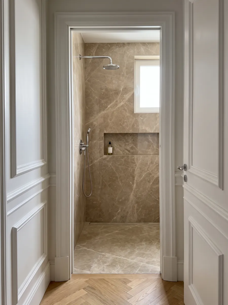 Shower clad in full Emperador Light marble slabs with a recessed niche: light brown with a fine web of cream veins