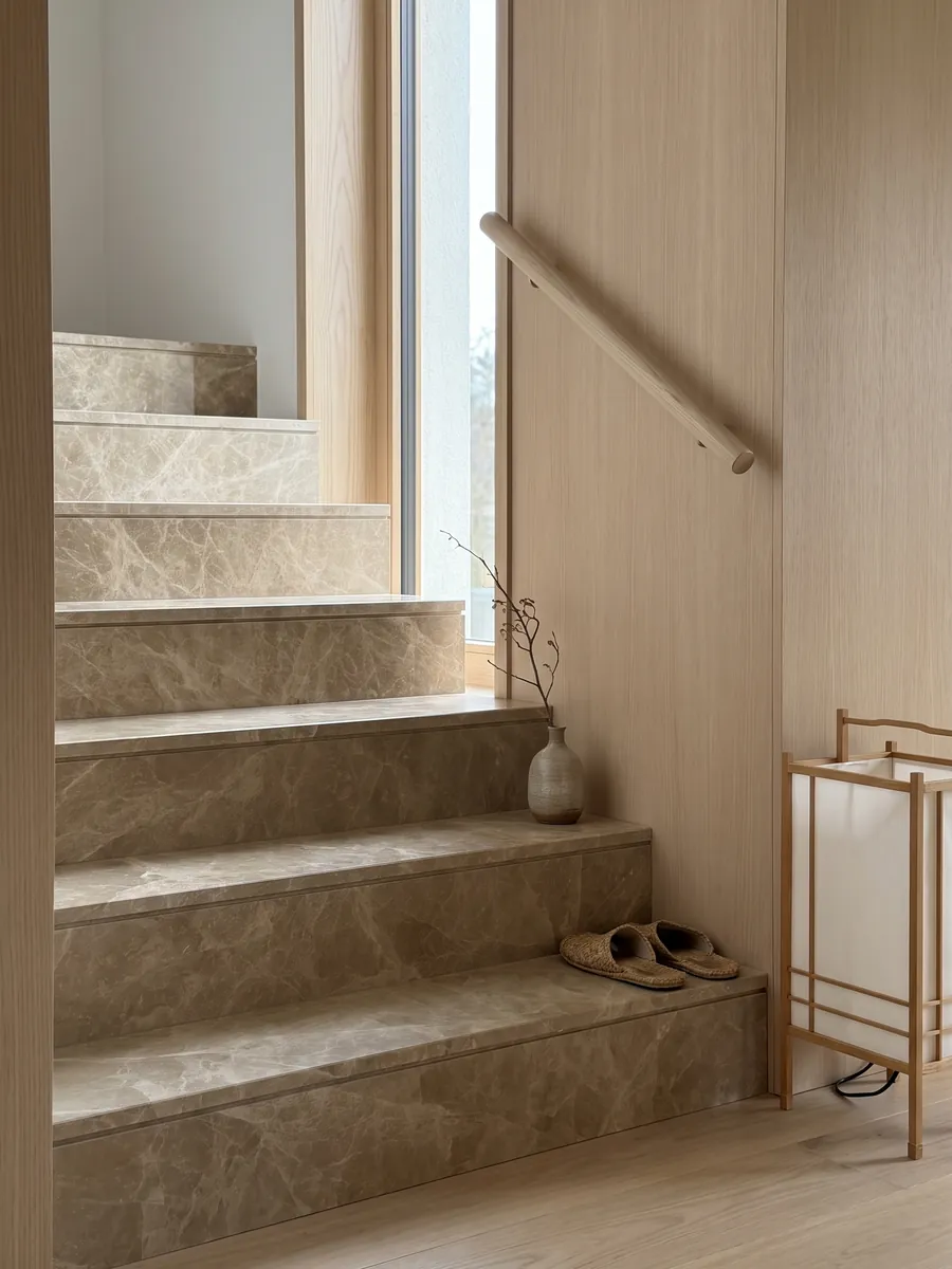Interior staircase with Emperador Light marble treads and a handrail: light brown with a fine web of cream veins