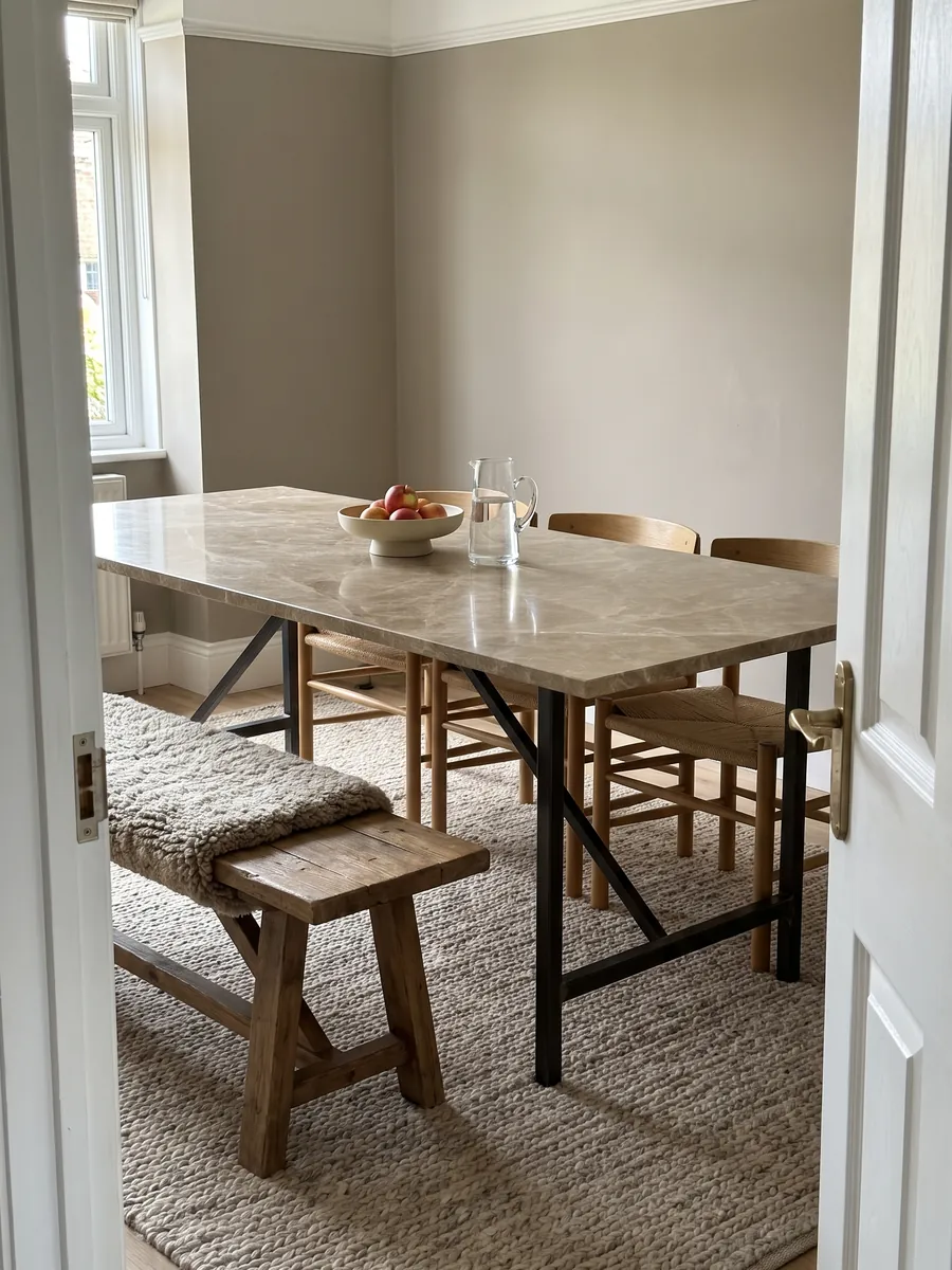 Dining table with an Emperador Light marble top on a steel base: light brown with a fine web of cream veins