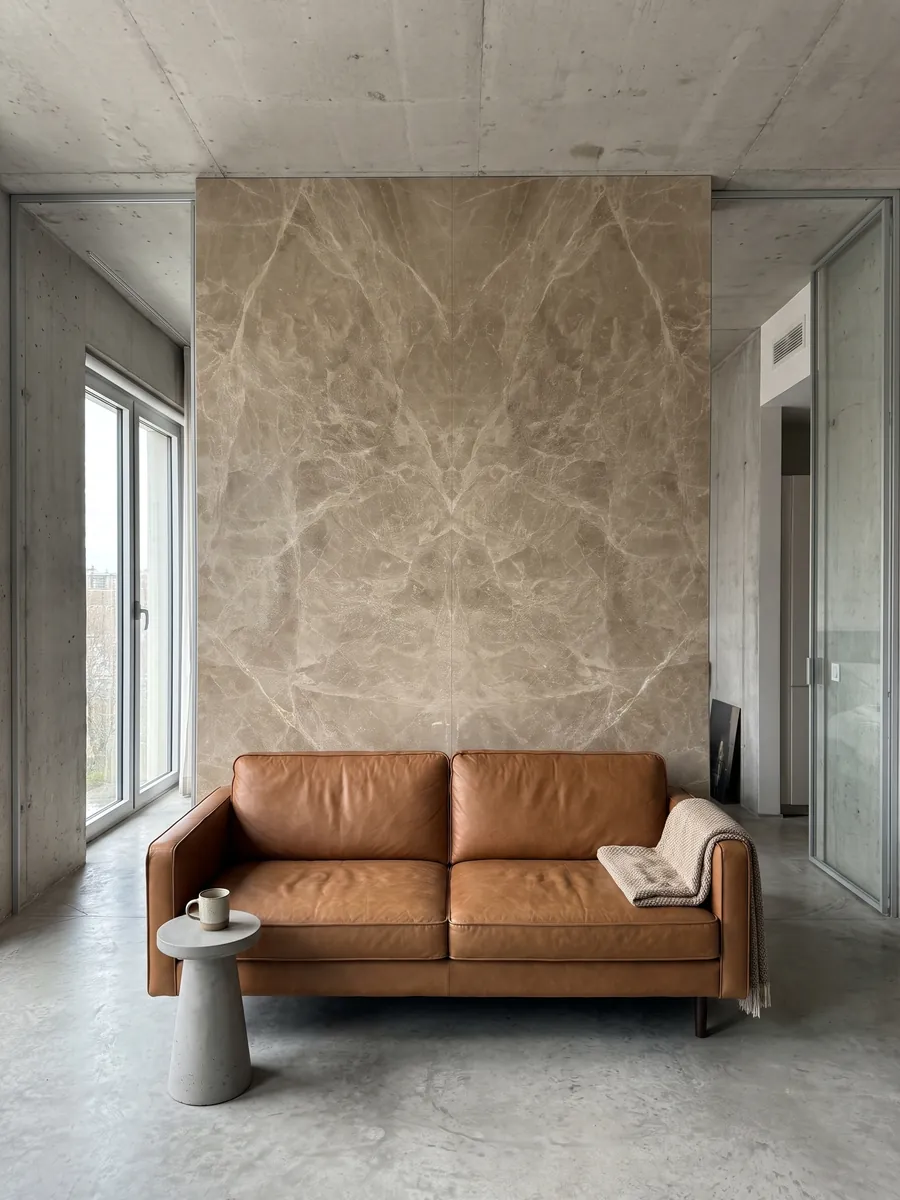 Living room wall clad in bookmatched Emperador Light marble slabs behind a sofa: light brown with a fine web of cream veins
