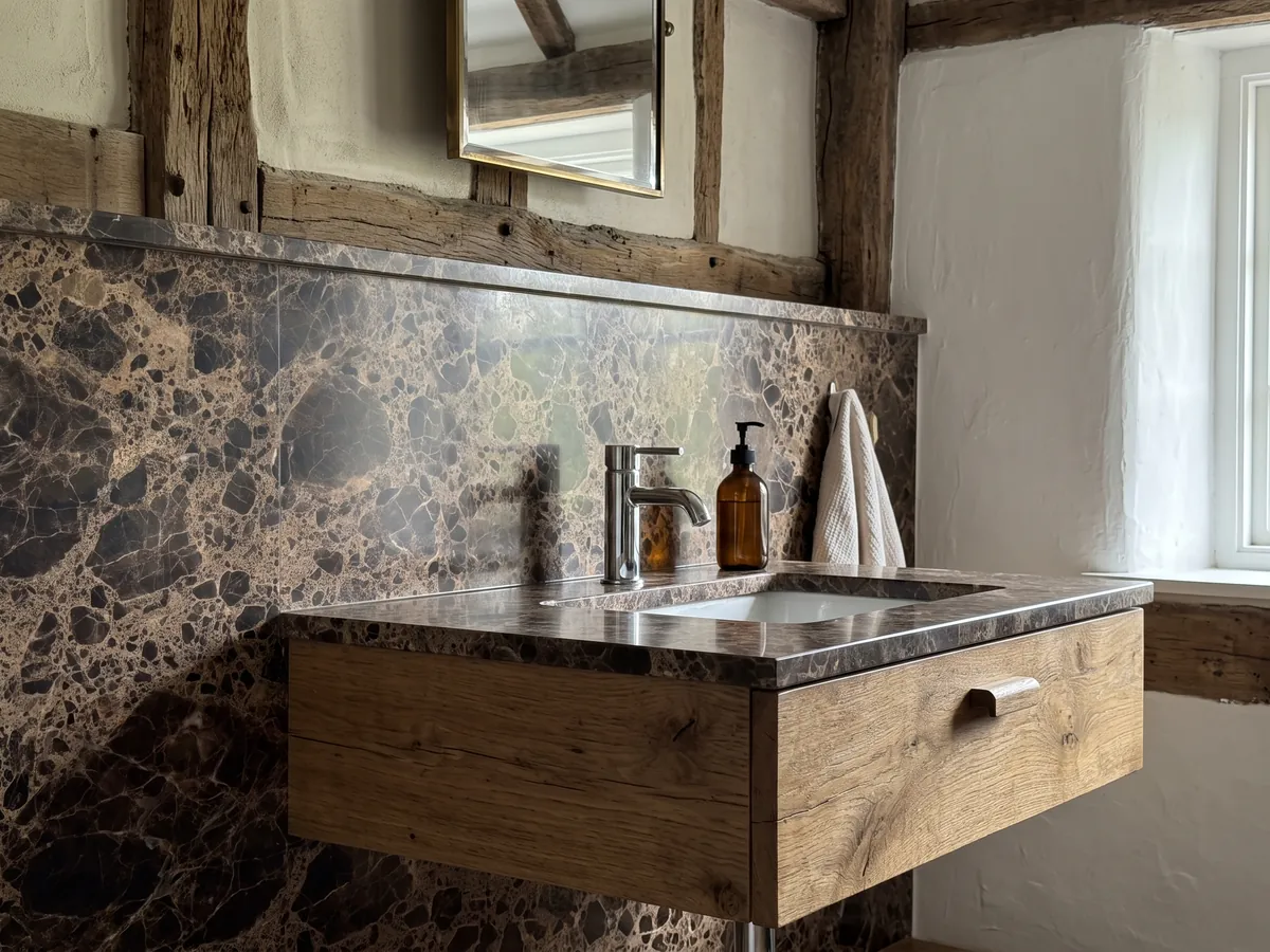 Bathroom vanity top and wall in Emperador Dark marble with a white sink and chrome faucet: almost black dark brown patches joined by a dense beige web