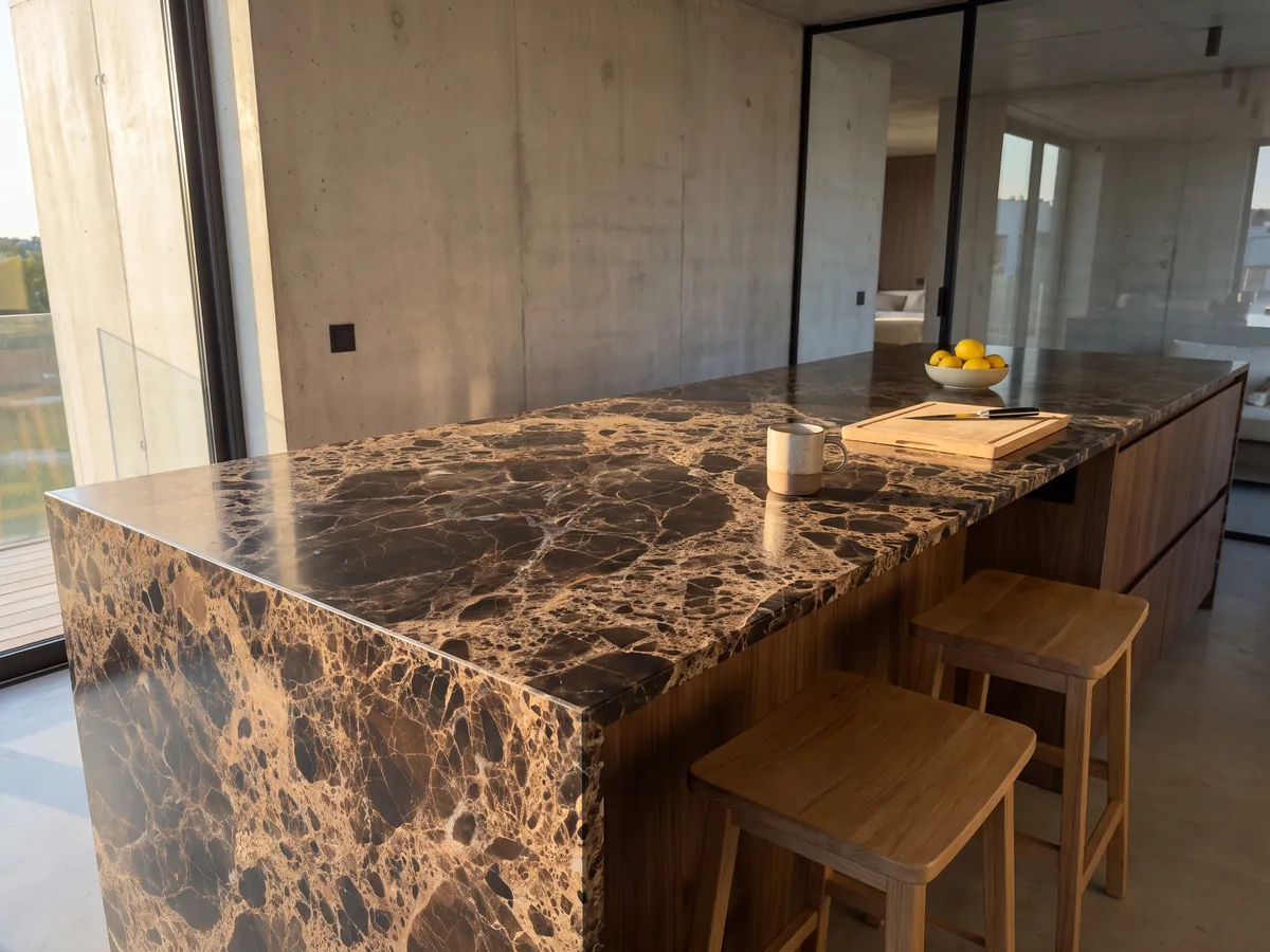 Kitchen island with a brown Emperador Dark marble countertop and straight edge in a kitchen with natural light: dark brown patches, almost black, joined by a dense beige network