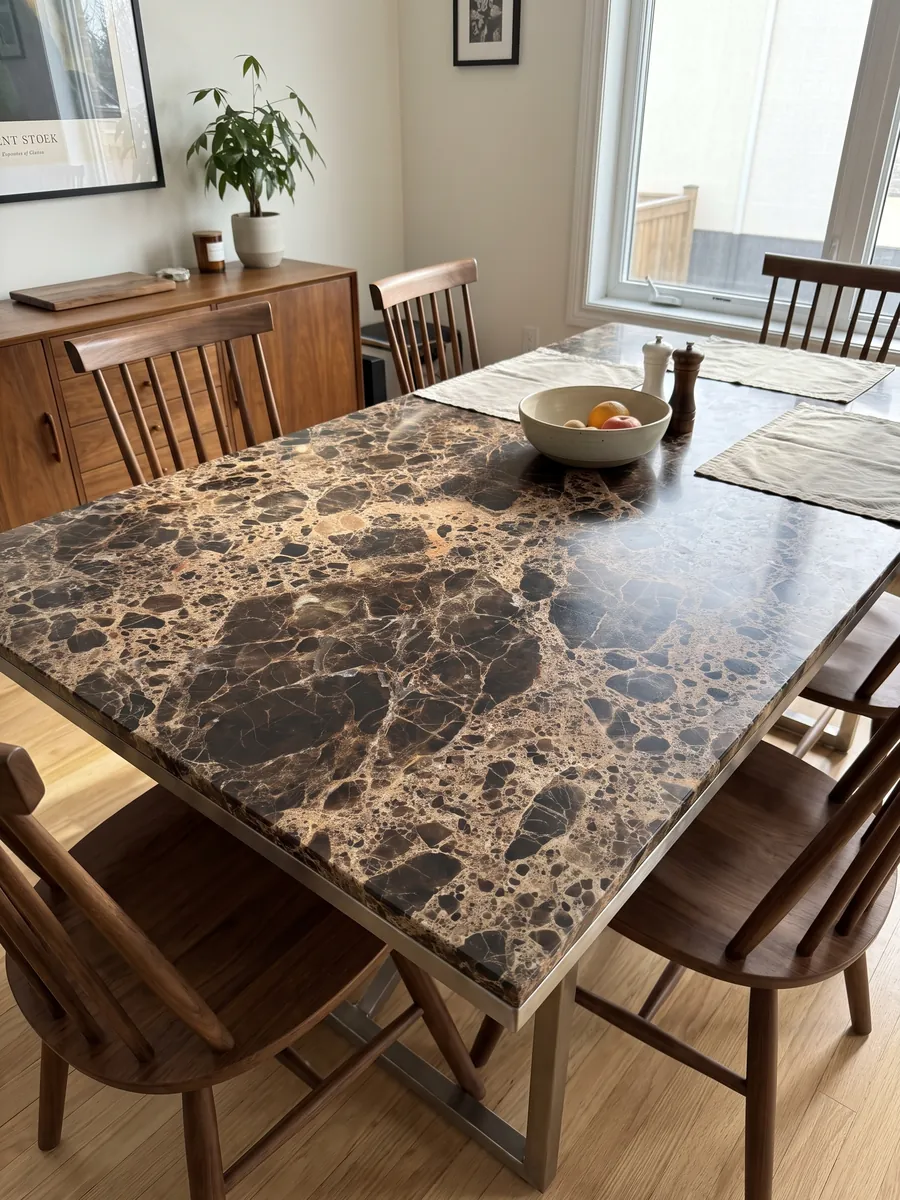 Dining table with an Emperador Dark marble top on a steel base: almost black dark brown patches joined by a dense beige web