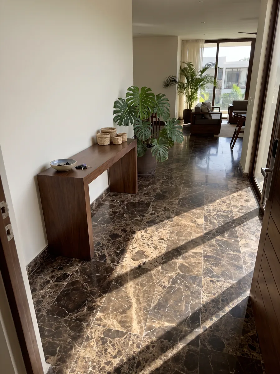 Entryway floor in large Emperador Dark marble slabs with natural light: almost black dark brown patches joined by a dense beige web