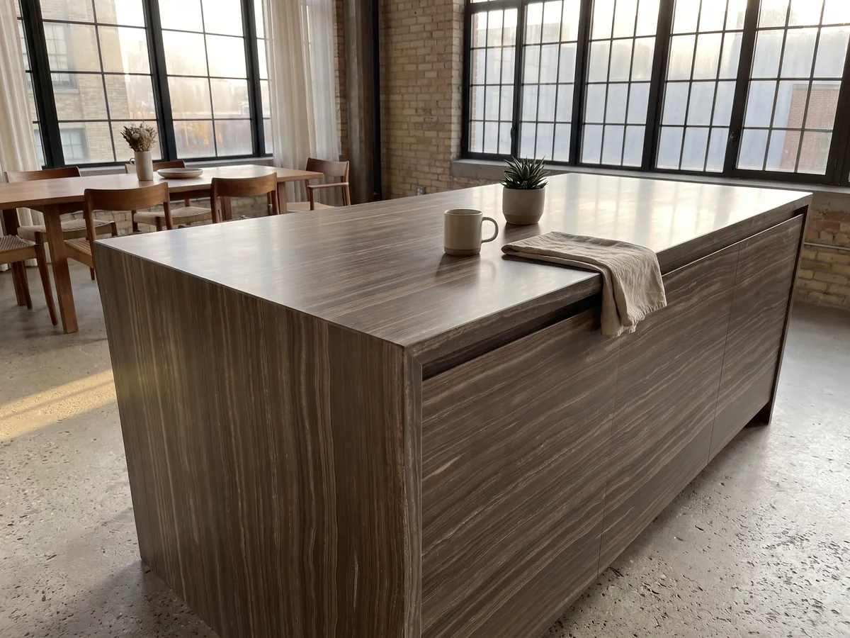Kitchen island with a brown Eramosa marble countertop and straight edge in a kitchen with natural light: grayish brown with fine parallel horizontal wood-like lines