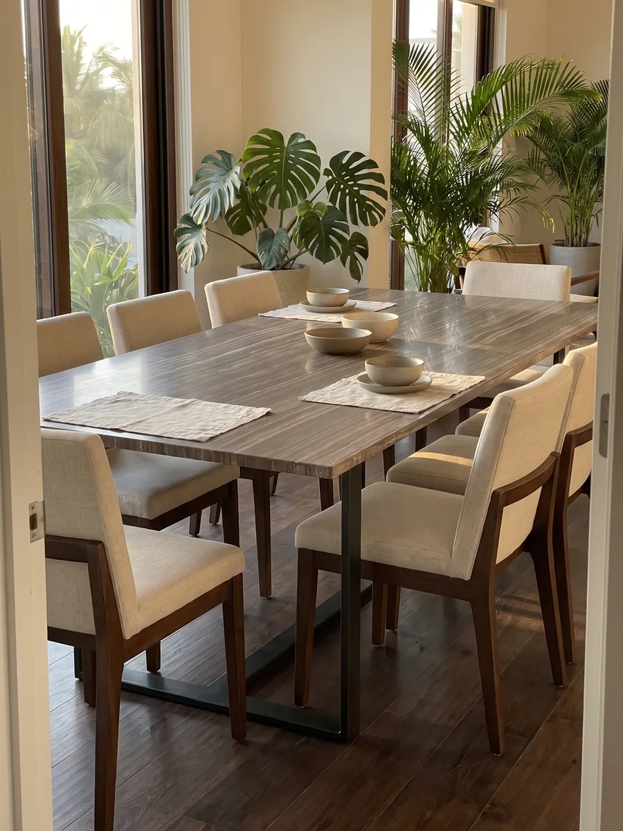 Dining table with a brown Eramosa marble top on a steel base: grayish brown with fine parallel horizontal wood-like lines
