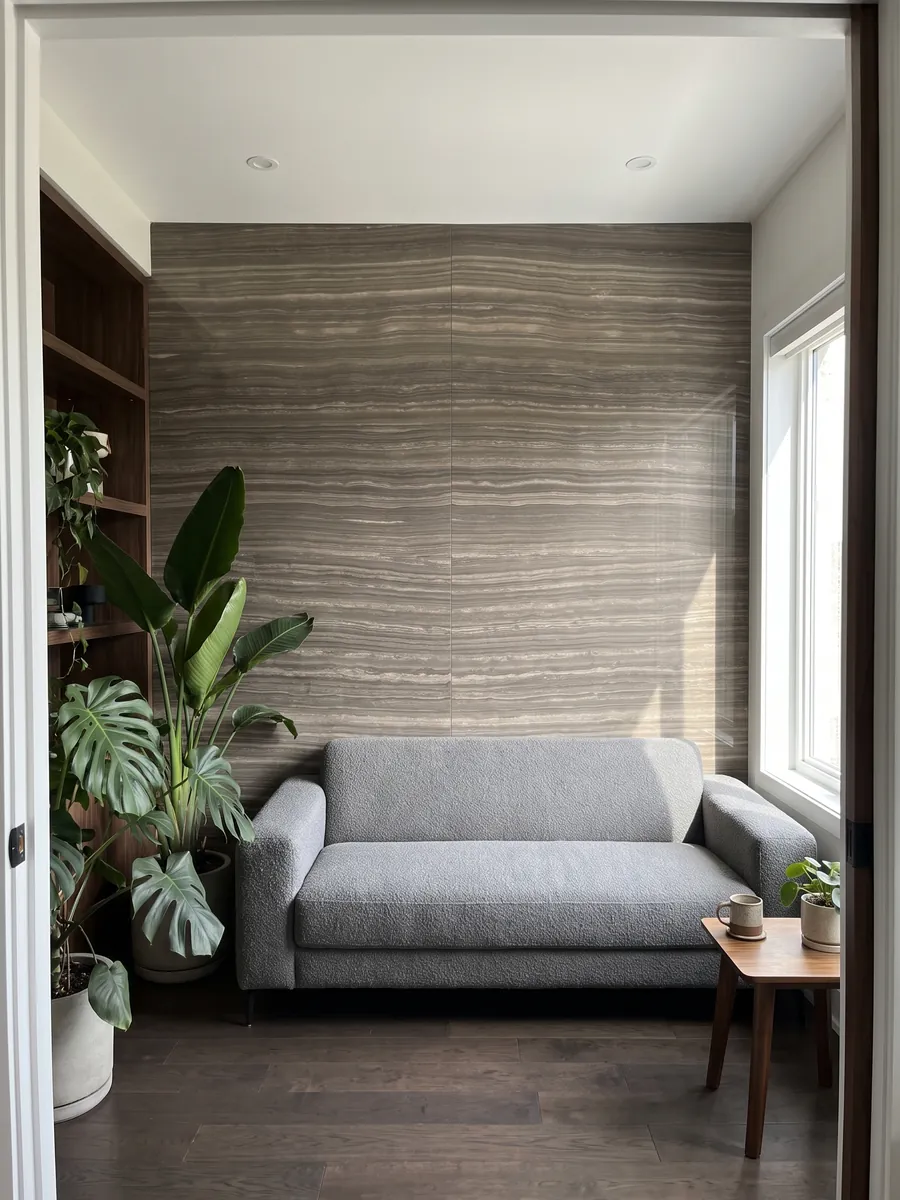 Living room wall clad with bookmatched brown Eramosa marble slabs behind a sofa: grayish brown with fine parallel horizontal wood-like lines