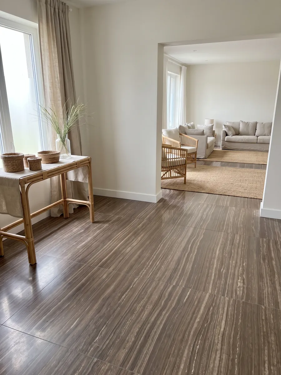 Entryway floor in large slabs of brown Eramosa marble with natural light: grayish brown with fine parallel horizontal wood-like lines