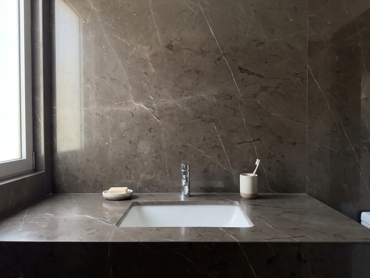 Vanity top and bathroom wall in brown Grafite marble with a white sink and chrome fixtures: dark background between brown and graphite with a few very fine white veins