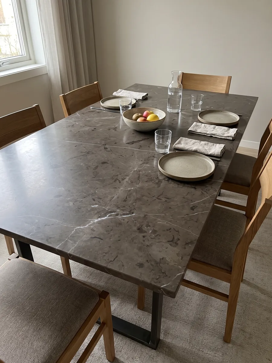 Dining table with a brown Grafite marble top on a steel base: dark background between brown and graphite with a few very fine white veins