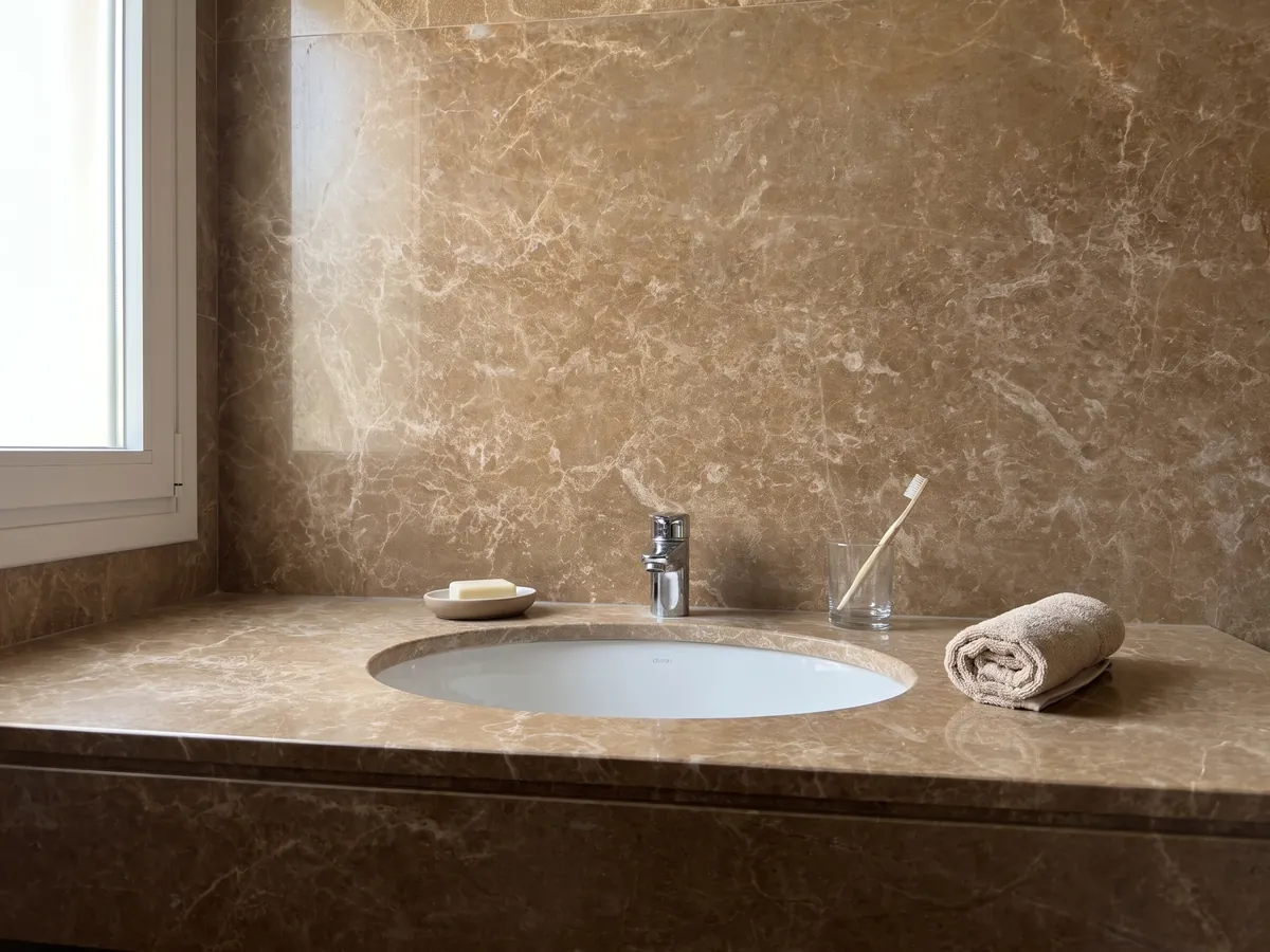 Vanity top and bathroom wall in Jolie Brown marble with a white sink and chrome fixtures: caramel brown covered by a fine network of cream-colored veins