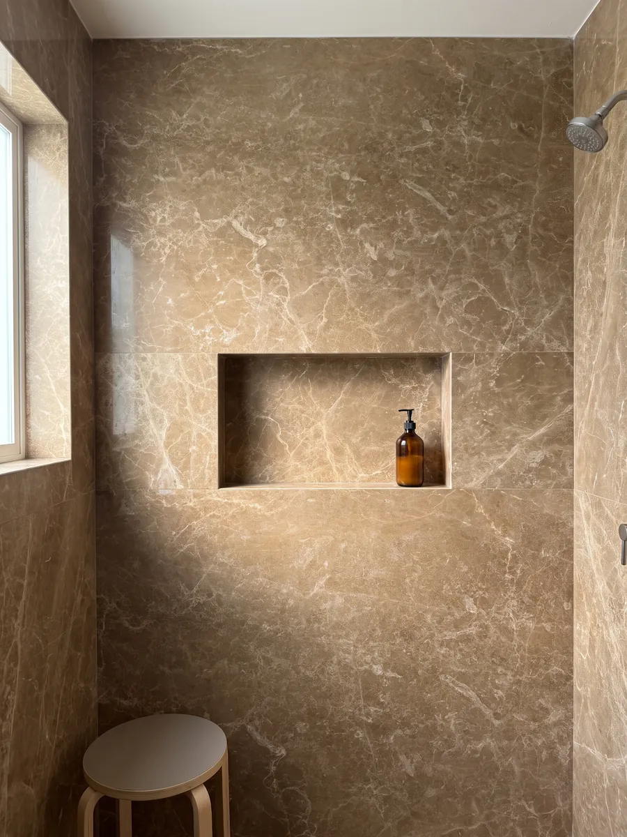 Shower clad in full Jolie Brown marble slabs with a recessed niche: caramel brown covered by a fine network of cream-colored veins