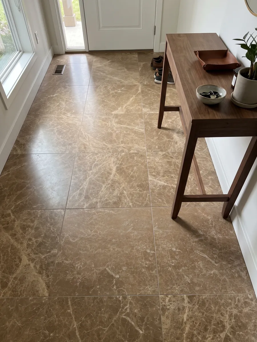 Entryway floor in large Jolie Brown marble slabs with natural light: caramel brown covered by a fine network of cream-colored veins