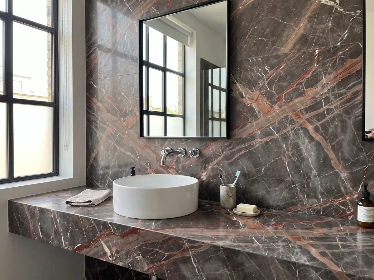 Bathroom vanity top and wall in brown Ombra di Caravaggio marble with a white sink and chrome fixtures: dark gray-brown crossed by wide terracotta veins and fine white veins