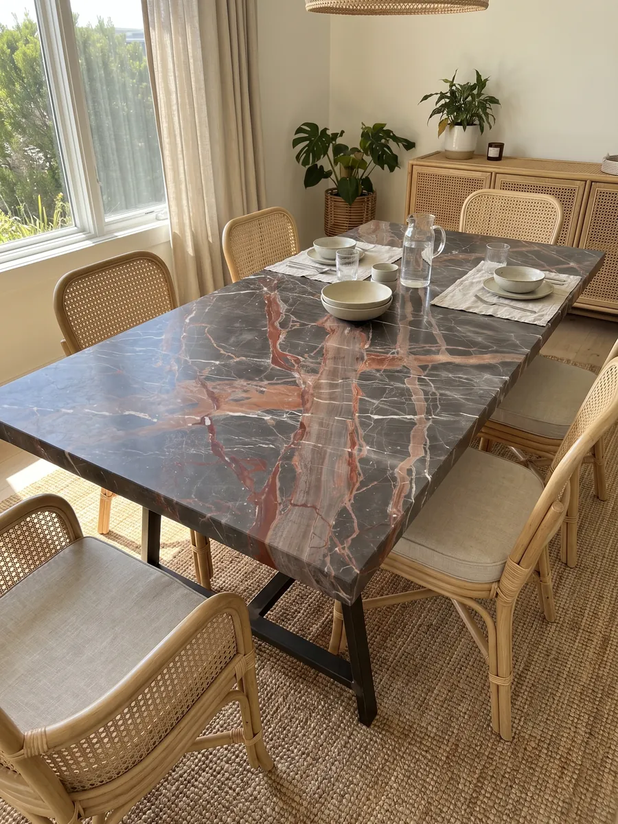 Dining table with a brown Ombra di Caravaggio marble top on a steel base: dark gray-brown crossed by wide terracotta veins and fine white veins