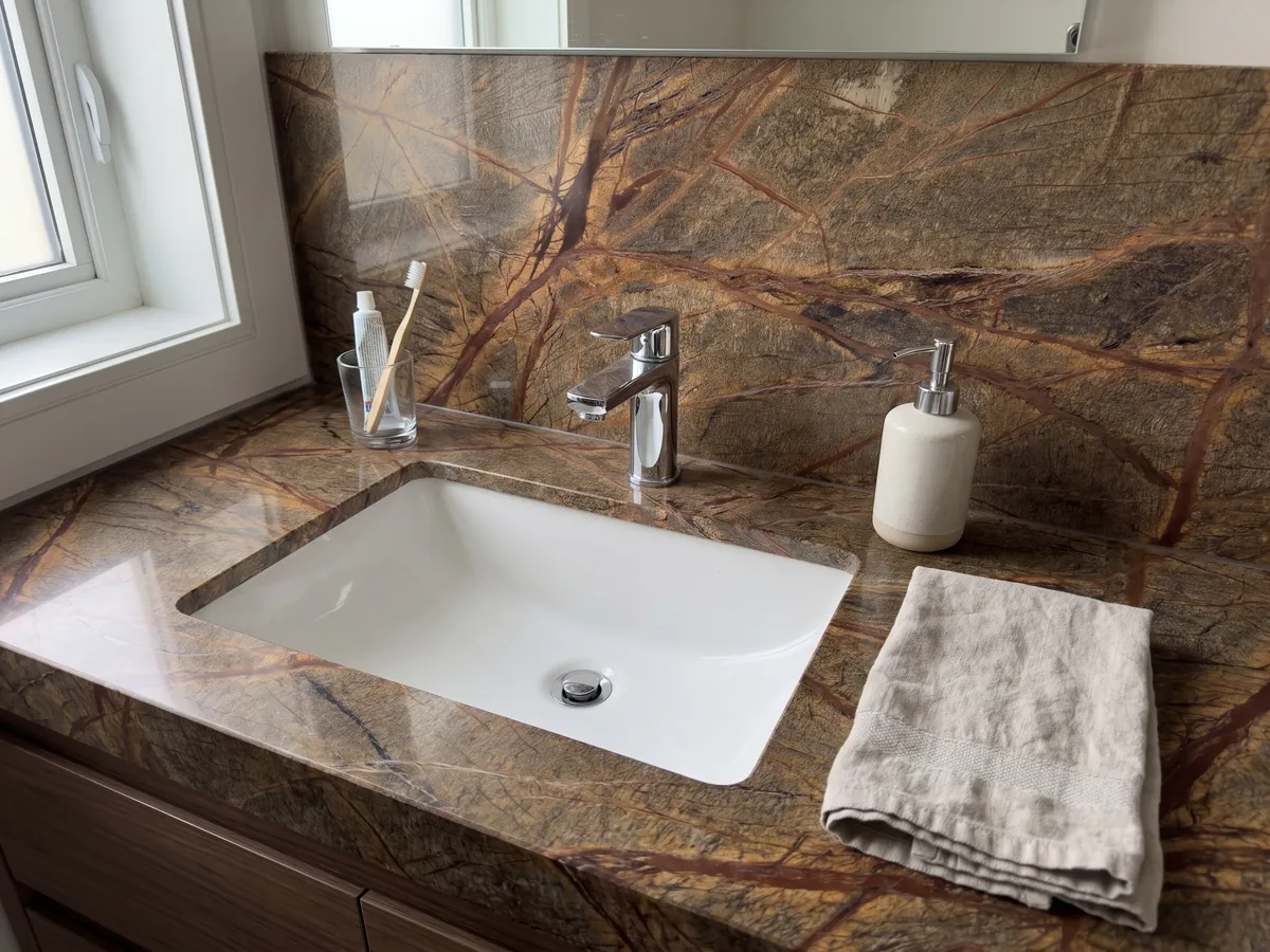Vanity top and bathroom wall in Picasso Brown marble with a white sink and chrome fittings: olive brown crossed by a net of rust-red veins