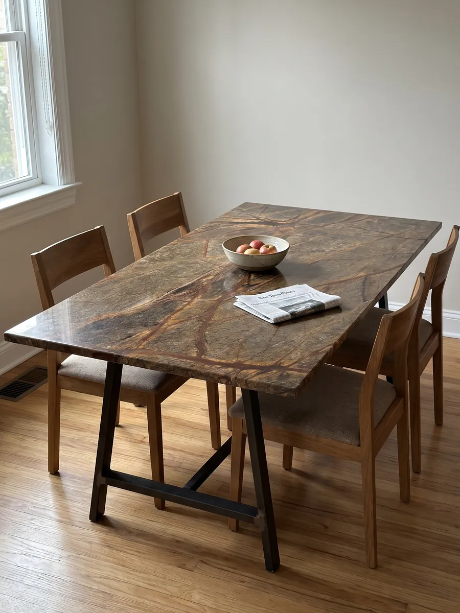 Dining table with a Picasso Brown marble top on a steel base: olive brown crossed by a net of rust-red veins