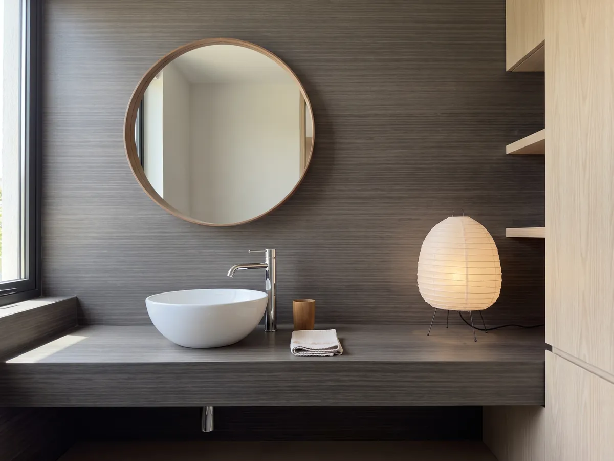 Vanity top and bathroom wall in brown Venghé marble with a white sink and chrome fixtures: fine, continuous horizontal lines that recall a dark wood
