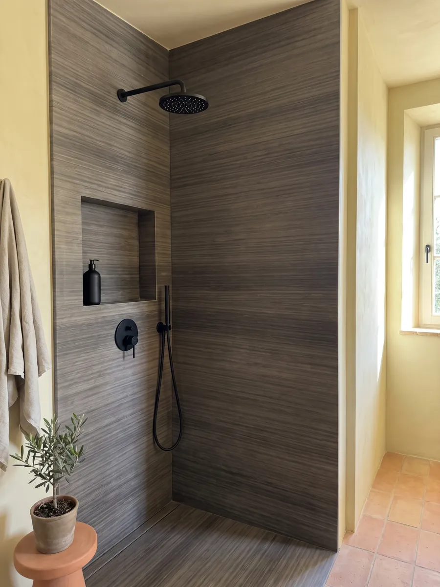 Shower clad in full slabs of brown Venghé marble with a recessed niche: fine, continuous horizontal lines that recall a dark wood
