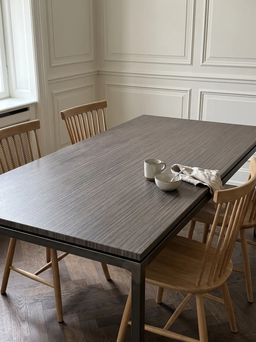 Dining table with a brown Venghé marble top on a steel base: fine, continuous horizontal lines that recall a dark wood