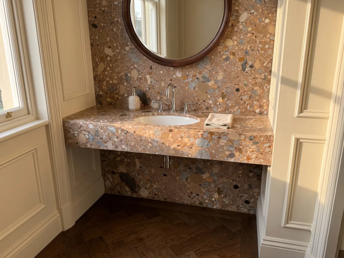Vanity top and bathroom wall in Ceppo Rosso marble with a white sink and chrome fixtures: reddish brown matrix with gray and beige pebbles of various sizes