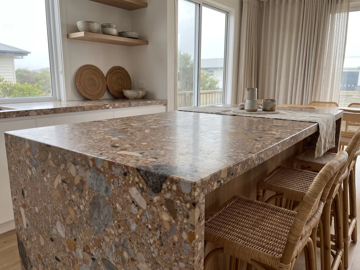 Kitchen island with a brown Ceppo Rosso marble countertop and straight edge in a kitchen with natural light: a reddish brown matrix with gray and beige pebbles of several sizes