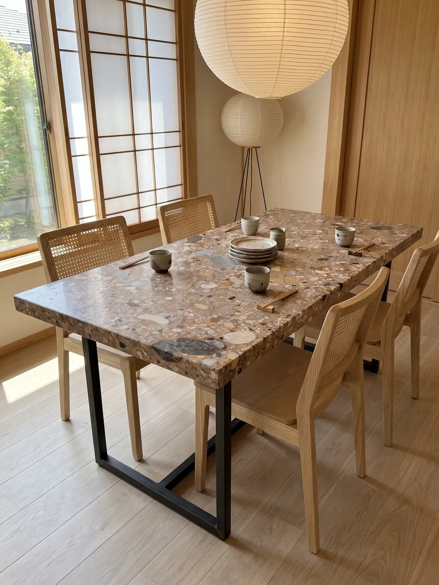 Dining table with a Ceppo Rosso marble top on a steel base: reddish brown matrix with gray and beige pebbles of various sizes