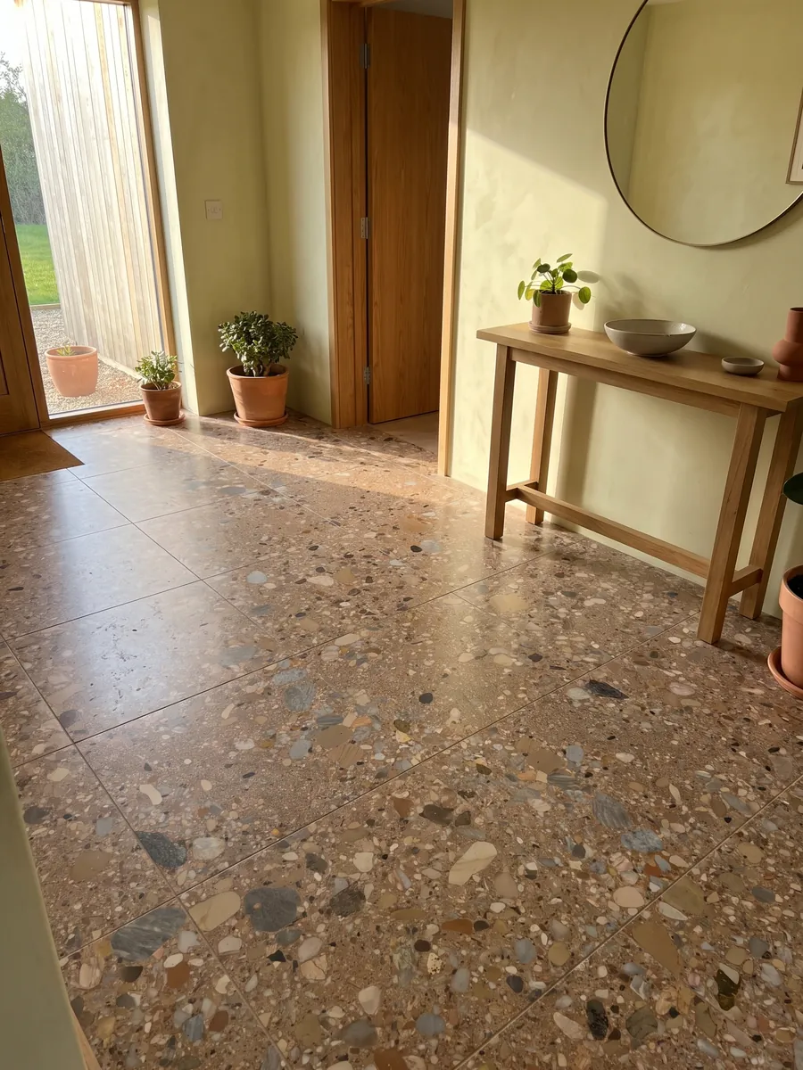 Entryway floor in large slabs of Ceppo Rosso marble with natural light: reddish brown matrix with gray and beige pebbles of various sizes