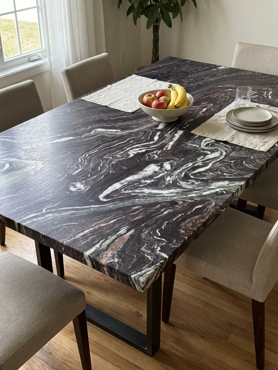 Dining table with a Cipollino Ondulato marble top on a steel base: deep purple background with strongly wavy, folded white veins