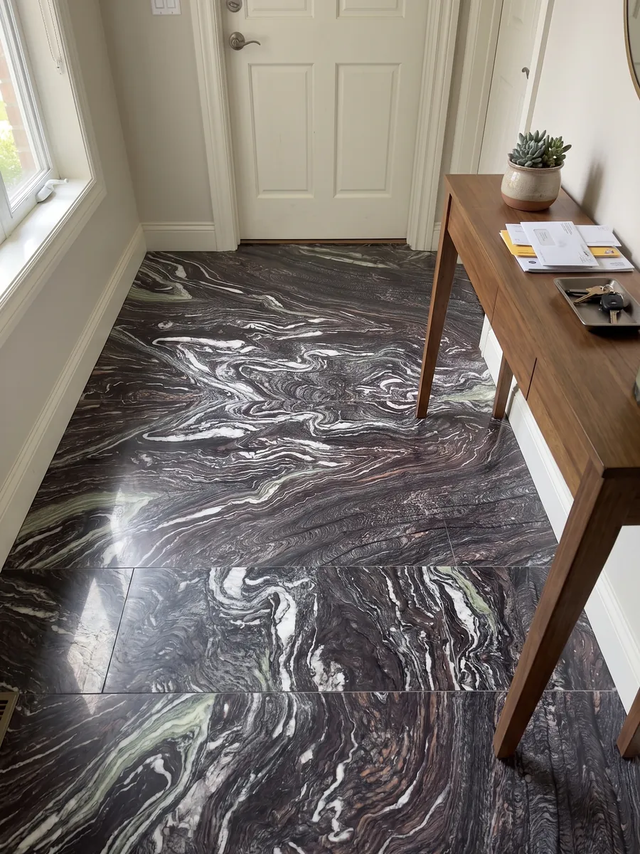Entryway floor in large Cipollino Ondulato marble slabs with natural light: deep purple background with strongly wavy, folded white veins