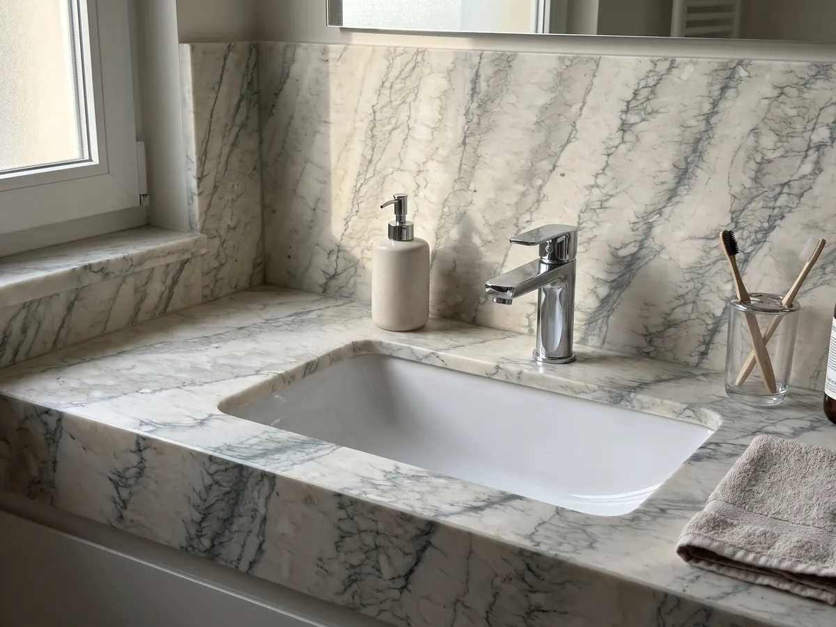 Vanity top and bathroom wall in Cipollino Verde Marble with a white sink and chrome faucets: warm white with parallel bands of fine greenish veins