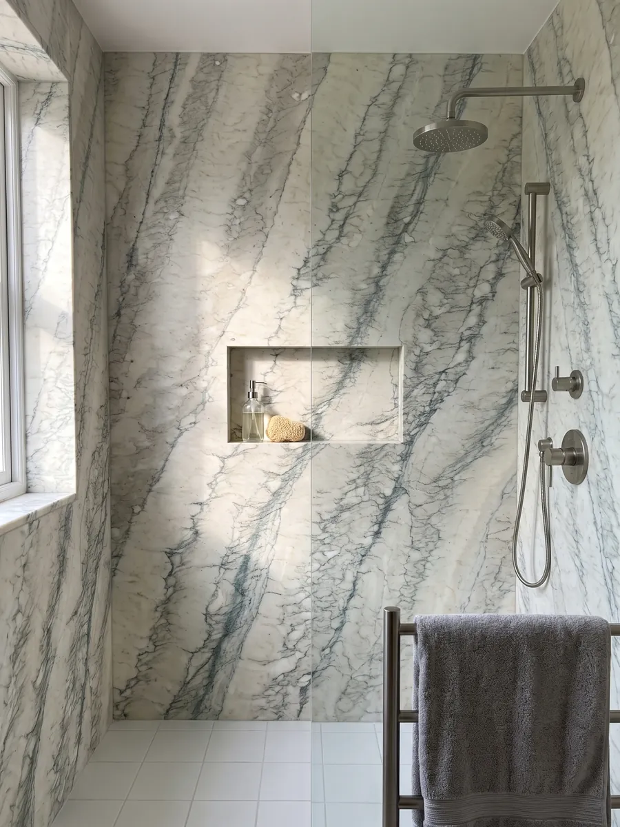 Shower clad in full Cipollino Verde marble slabs with a recessed niche: warm white with parallel bands of fine greenish veins