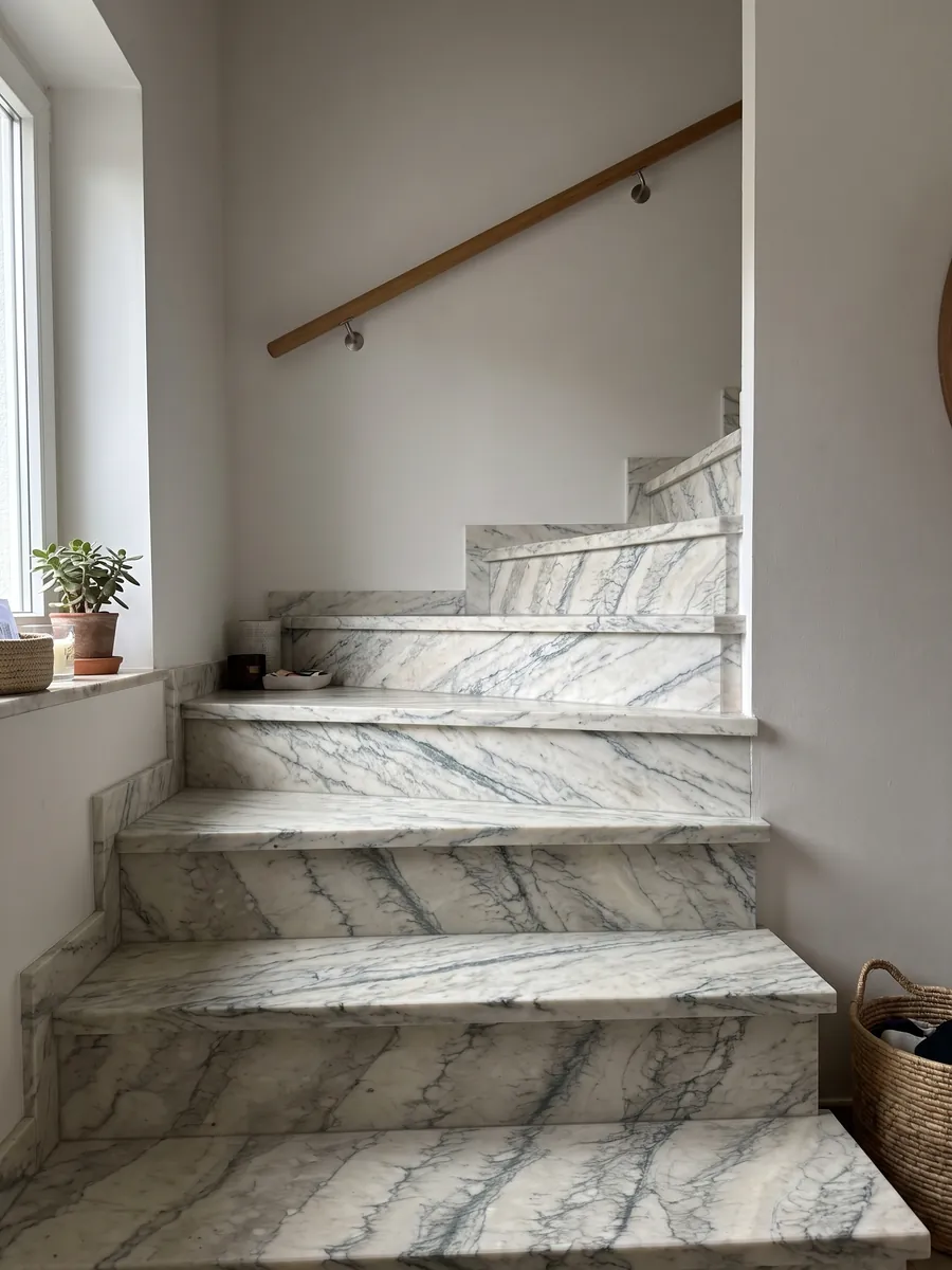 Interior staircase with Cipollino Verde marble treads and a handrail: warm white with parallel bands of fine greenish veins