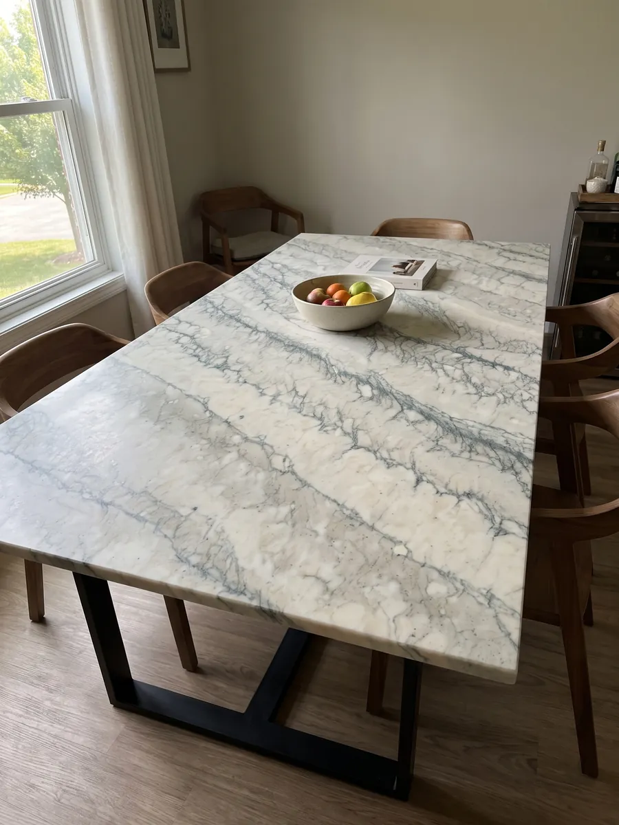 Dining table with a Cipollino Verde marble top on a steel base: warm white with parallel bands of fine greenish veins