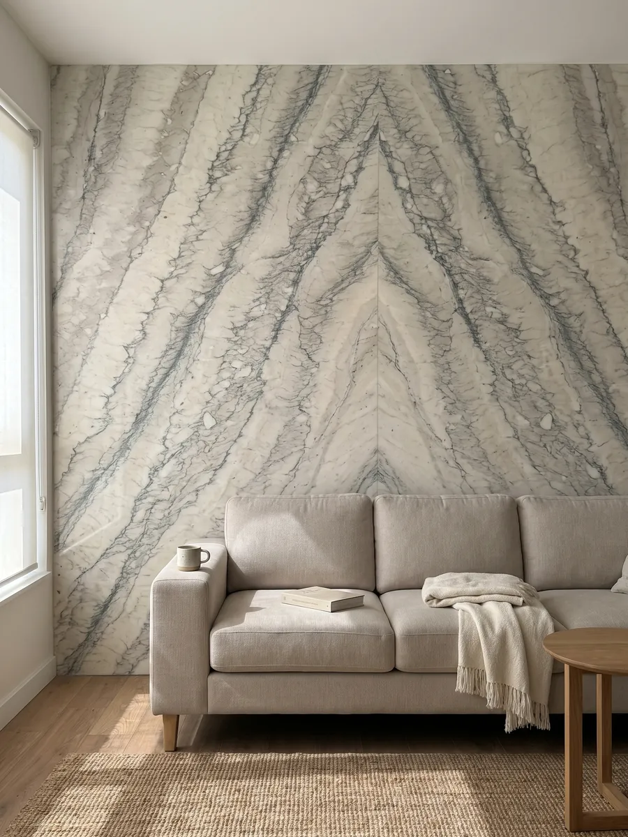 Living room wall clad in bookmatched Cipollino Verde marble slabs behind a sofa: warm white with parallel bands of fine greenish veins